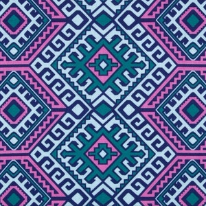 May include: A seamless pattern with a geometric design in shades of blue, pink, and teal. The pattern features repeating squares and diamonds with intricate details.