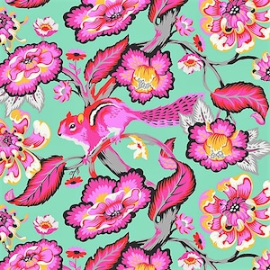 May include: A vibrant pattern featuring a pink squirrel perched on a branch amidst large, stylized pink flowers with yellow centers and green leaves. The background is a light teal color, creating a lively and colorful design.