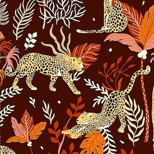 May include: A seamless pattern featuring leopards and tropical plants on a dark brown background. The leopards are depicted in a stylized, flat design with yellow and brown spots. The plants are a mix of green and orange leaves and flowers.