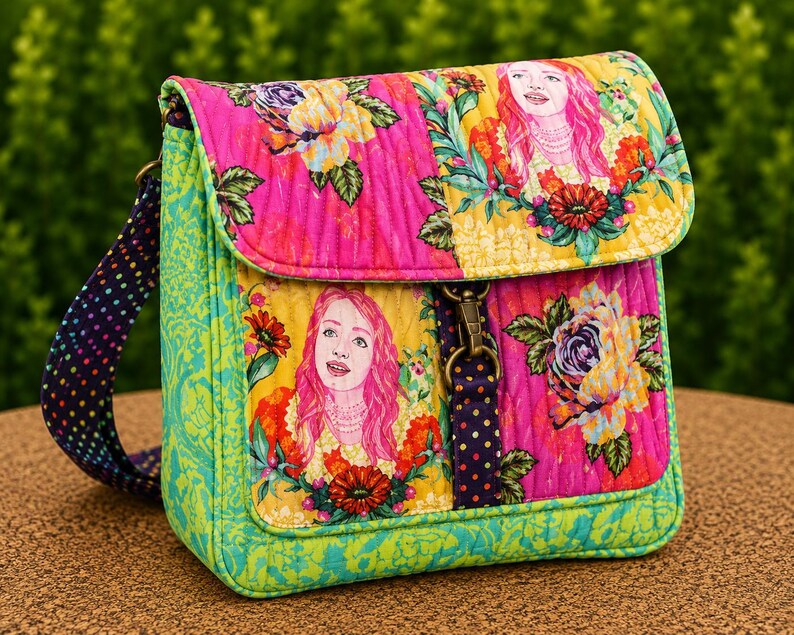 May include: A quilted crossbody bag featuring a vibrant floral pattern with pink and yellow sections. The design includes illustrations of a person with long pink hair surrounded by flowers. It has a dark strap with colourful polka dots and a metal clasp.