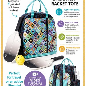 May include: A Courtside backpack and racket tote featuring a colorful geometric square pattern in blue, purple, and orange. The bag includes teal striped handles, adjustable padded straps, and a trolley sleeve. Two pickleball paddles and a yellow ball are shown.