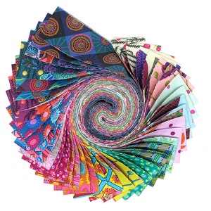 May include: A roll of colourful fabric scraps featuring a variety of floral and geometric patterns. The fabric is arranged in a spiral shape, creating a visually appealing display.