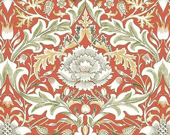 May include: A repeating pattern of stylized flowers and leaves in shades of green, white, and orange on a red background. The design is reminiscent of Art Nouveau style.