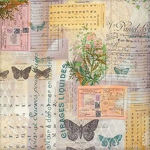 May include: A vintage-style patterned paper with a collage of images and text. The paper features butterflies, flowers, and handwritten text in French. The text includes the words "Voins at Oncres pour Quips" and "CIRAGES LIQUIDES".