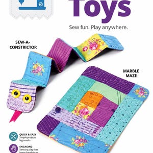 Könnte beinhalten: Ein Stoff-Fidget-Spielzeug in Schlangenform mit der Aufschrift Sew-A-Constrictor, gelben Knopfaugen und einer rosa Zunge sowie ein rechteckiges Fidget-Spielzeug als Murmellabyrinth aus Stoff. Beide zeigen bunte Blumen- und geometrische Muster.
