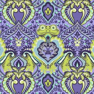 May include: Purple and green patterned fabric with a repeating design of a frog, a bee, and floral elements.
