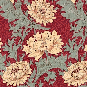 US tariffs PAID ( DHL Service ) - Merton - Chrysanthemum - Sienna Blue by The Original Morris & Co, cotton fabric.