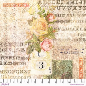 Peut inclure: Un tissu de style vintage avec un motif floral composé de roses jaunes et roses, de feuilles vertes et un fond de texte et de chiffres délavés. Le texte comprend les mots "Parcel Post", "Fine Shoes" et "Geo. H. Couch."