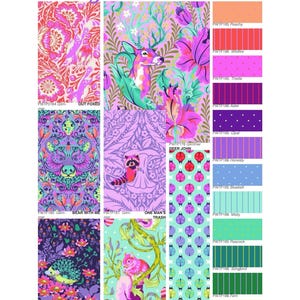 Puede incluir: Una exhibición de muestras de tela con los textos "Tiny Beasts" y "True Colors". Los diseños muestran motivos florales, animales y geométricos en tonos rosa, morado, verde y azul. Cada muestra está etiquetada con un nombre y un código de color.