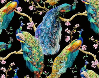 May include: A black background with a repeating pattern of peacocks with blue, green, and gold feathers. The peacocks are perched on branches with pink blossoms.