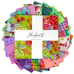 May include: A collection of 42 fabric squares in a variety of bright colours and patterns, including floral, geometric, and abstract designs. The squares are arranged in a circle around a white card with the text "Free Spirit" printed on it.