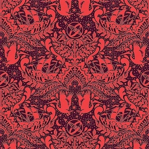 May include: A red and black damask pattern with a repeating design of ships, birds, and stars. The background is a dark purple color.