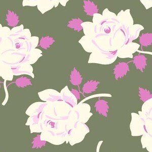 以下が含まれることがあります： 緑色の背景に、ピンクのアクセントがついた白いバラが描かれたシームレスなパターン。バラはスタイリッシュで、ヴィンテージな雰囲気です。