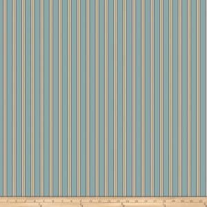 May include: A fabric with a repeating pattern of vertical stripes in shades of blue, beige, and black.