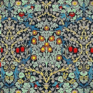 May include: A repeating pattern of stylized flowers and leaves in shades of green, yellow, red, and blue on a dark blue background.