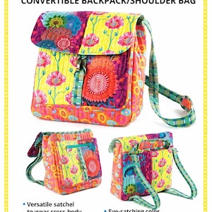 May include: A Switchback convertible backpack and shoulder bag featuring a quilted fabric with a vibrant floral pattern in yellow, orange, pink, and blue. The bag includes a top flap, a recessed zipper, and adjustable plaid straps for multiple carrying styles.