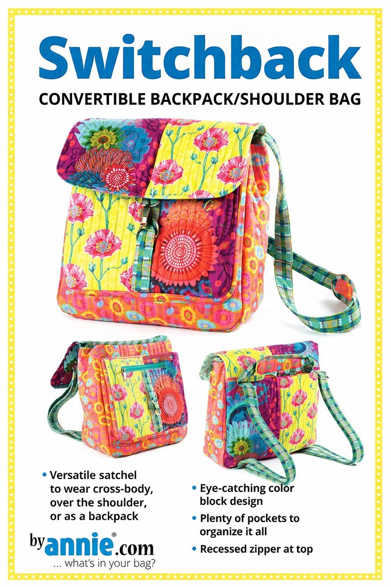 May include: A Switchback convertible backpack and shoulder bag featuring a quilted fabric with a vibrant floral pattern in yellow, orange, pink, and blue. The bag includes a top flap, a recessed zipper, and adjustable plaid straps for multiple carrying styles.