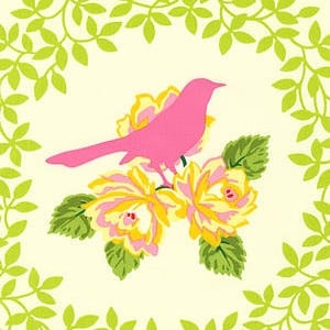 Pode incluir: Um pássaro rosa empoleirado em rosas amarelas e rosas com folhas verdes. O pássaro e as flores são cercados por uma borda de folhas verdes.