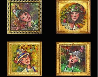 May include: Four framed paintings of women wearing whimsical hats. Each painting has a different background and features a woman with a unique hat and expression.