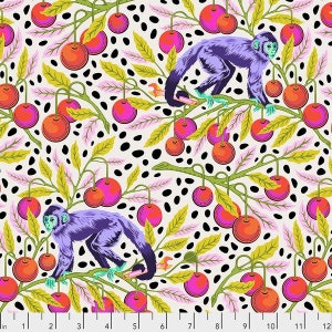May include: A white background with black polka dots and a repeating pattern of purple monkeys sitting on green branches with pink and red cherries.