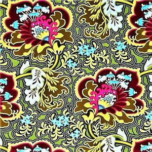 Peut inclure: Un motif floral vibrant avec de grandes fleurs stylisées dans des tons bordeaux, jaune, marron et rose, sur un fond vert et noir. Le motif comprend des détails complexes et un motif répétitif.