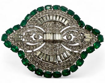 Large Unsigned (Coro?) Vintage Art Deco Brooch; Clear and Green Crystal Rhinestone Brooch; Gorgeous Deco Brooch Pin