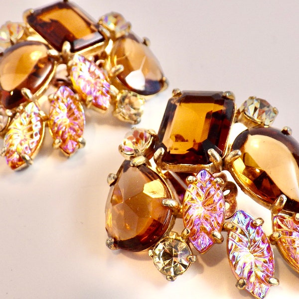 Big and Luscious Signed Schiaparelli Vintage Earrings; Topaz Rhinestones with Iridescent Pressed Glass