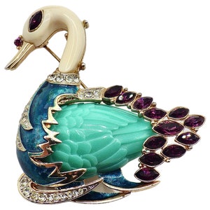 Unsigned Hattie Carnegie Swan Brooch; Resin, Enamel, and Crystal Vintage Brooch, Vintage Bird Pin