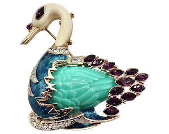 Unsigned Hattie Carnegie Swan Brooch; Resin, Enamel, and Crystal Vintage Brooch, Vintage Bird Pin