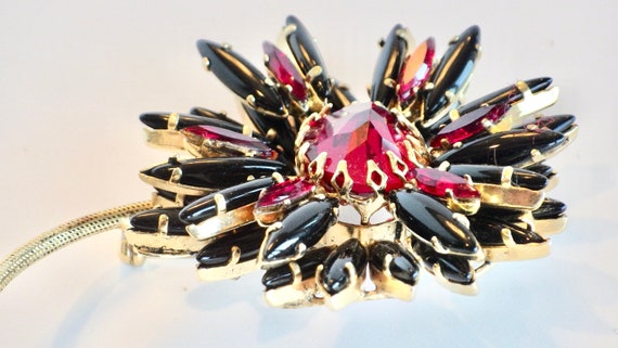 Signed Schreiner Ruffle Flower Pin Brooch; Black … - image 3