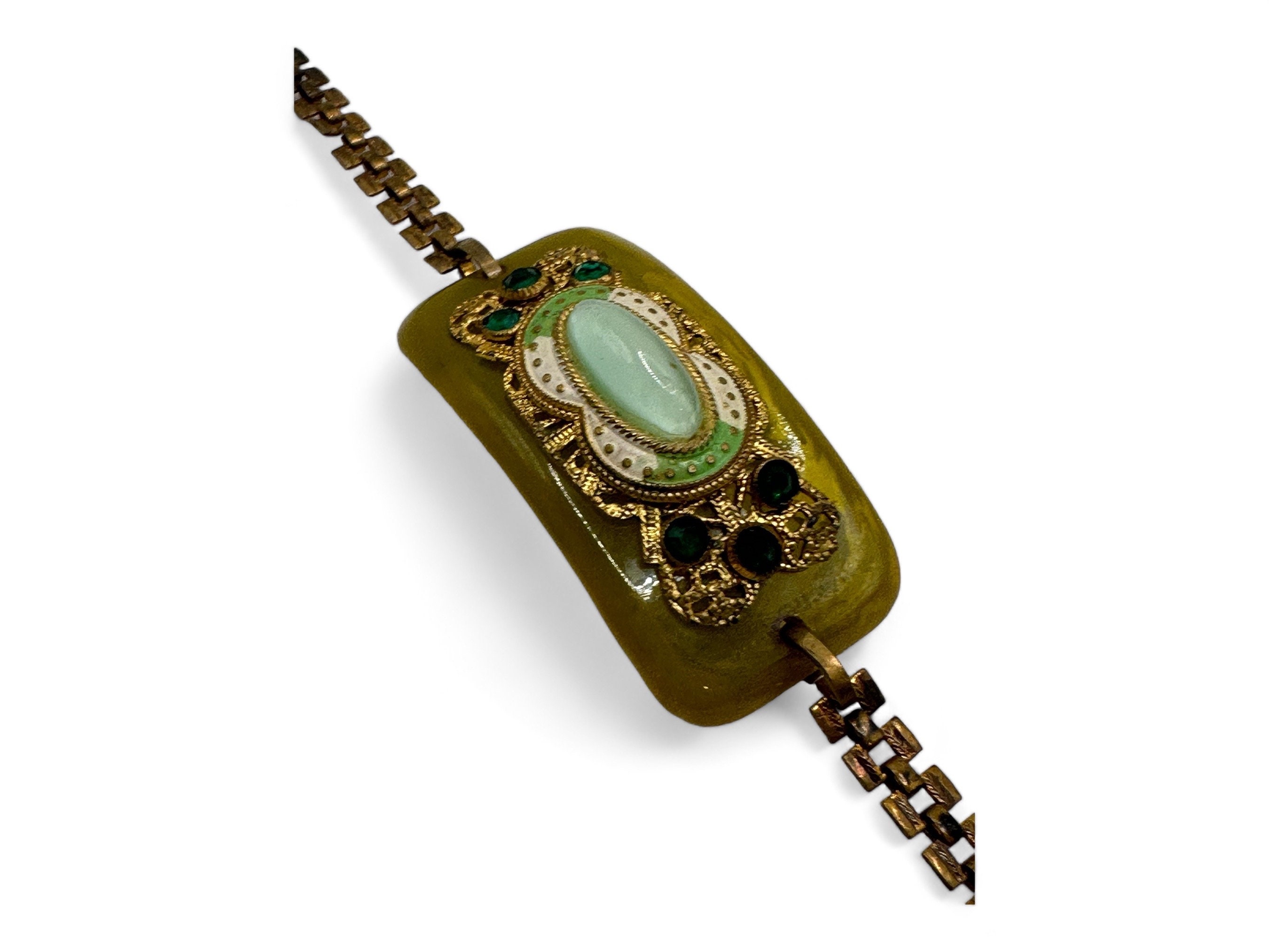 Bracelet Manchette Sculptural Art Déco En Galalithe Vert - Années 1930, Vintage Rare