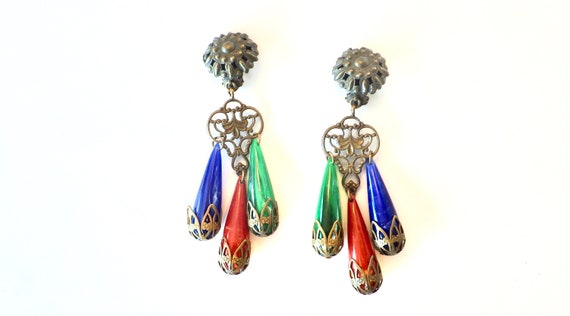 Massive Shoulder Duster Earrings; Colorful Brass … - image 1