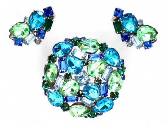 Vintage Rhinestone Brooch and Earrings Set: Blue Green Collage Jewelry