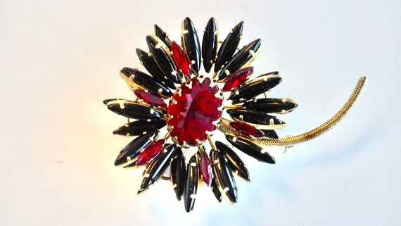 Signed Schreiner Ruffle Flower Pin Brooch; Black … - image 1