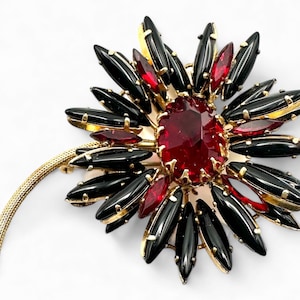 Signed Schreiner Brooch: Vintage Black & Red Rhinestone Ruffle Flower Pin