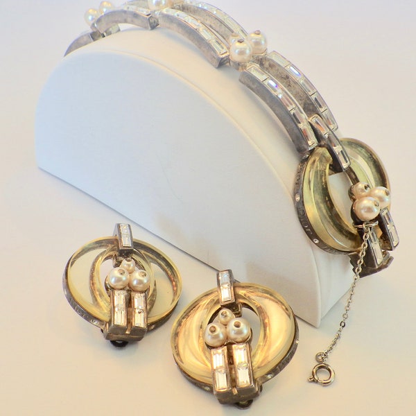 1960's Christian Dior Boutique Bracelet and Earrings; Vintage Mod Lucite Dior Boutique Jewelry Set; Dior Circle Link and Diamante Jewelry
