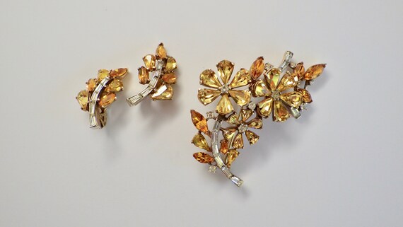 Trifari Citrine Rhinestone Pin Brooch and Earrings