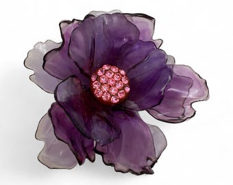 Large Acetate Purple Floral Brooch with Rhinestone Accents