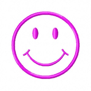 May include: A bright pink smiley face with a simple design. The face is outlined in a thick pink line and has two small circles for eyes and a curved line for a mouth.