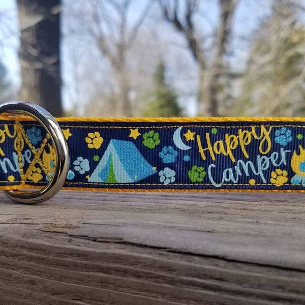 Glittery "Happy Camper" Camping Scene ~ Tent, Campfire, Moon, Stars, Paw Prints 1" Handmade Adjustable Dog Collar