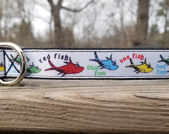 Dr Seuss Inspired "One Fish, Two Fish, Red Fish, Blue Fish" 1" Handmade Adjustable Dog Collar