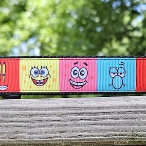 May include: A colorful dog collar featuring cartoon character faces in a repeating pattern. The collar has a black buckle and a silver metal loop for attaching a leash. The background is a blurred view of green foliage.