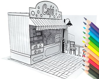 NEW Printable Kit for Paper Cafe Toy (Coloring pages) Paper Kid Craft Ice Cream Shop Display with interior furniture 3D Paper Doll House PDF