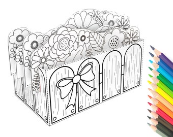 Afdrukbaar papier 3D-kaart Bloemenmand Geschenkdoos PDF Papierknutsels voor kinderen Kleurplaten Afdrukbare miniatuur Kid Craft Kit Kinderactiviteit