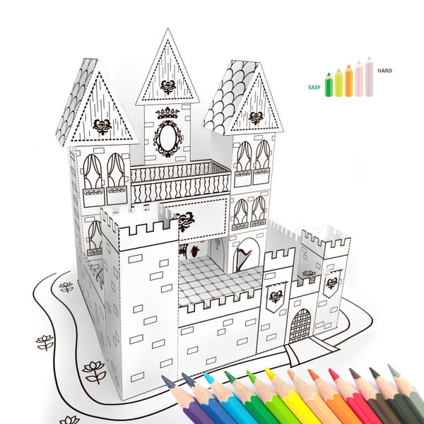 Giocattolo di carta stampabile Kit per lavoretti con la carta Castello della principessa Disegni da colorare Kit per lavoretti stampabili per bambini per attività per bambini PDF stampabile per la casa delle bambole di carta