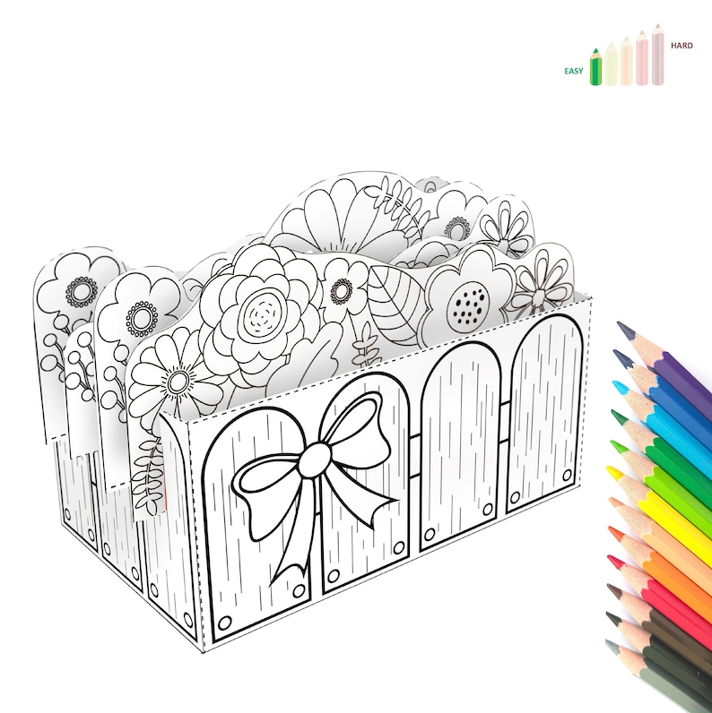 K&ouml;nnte beinhalten: Eine schwarz-wei&szlig;e druckbare Malvorlage einer Blumenbox mit Schleife. Die Box hat ein Zaun-Design und ist mit Blumen gef&uuml;llt. Die Seite ist so konzipiert, dass sie ausgeschnitten und zu einer 3D-Box zusammengebaut werden kann.