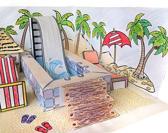 3D Paper Swimming Pool Craft Kit, Kids Coloring Activity Toy (PDF Download)