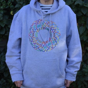 Puede incluir: Una sudadera con capucha gris con un diseño circular de colores en la parte delantera. El diseño está formado por múltiples líneas superpuestas en tonos de rojo, naranja, amarillo, verde, azul y morado.