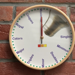 Puede incluir: Un reloj blanco con marco de madera y puntos verdes alrededor del borde. La esfera del reloj tiene las palabras "Cinques", "Royal", "Caters", "Major", "Triples", "Minor", "Doubles", "Minimus" y "Singles" escritas alrededor del borde. Las manecillas del reloj apuntan a las 12 en punto. Hay una campana en la esfera del reloj.