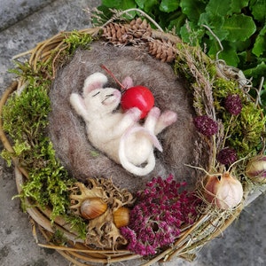 May include: A handcrafted felted mouse figurine resting in a woven nest, holding a red apple. The nest is adorned with moss, dried flowers, pinecones, and acorns. The mouse is white with pink accents, creating a whimsical, nature-inspired decorative piece.